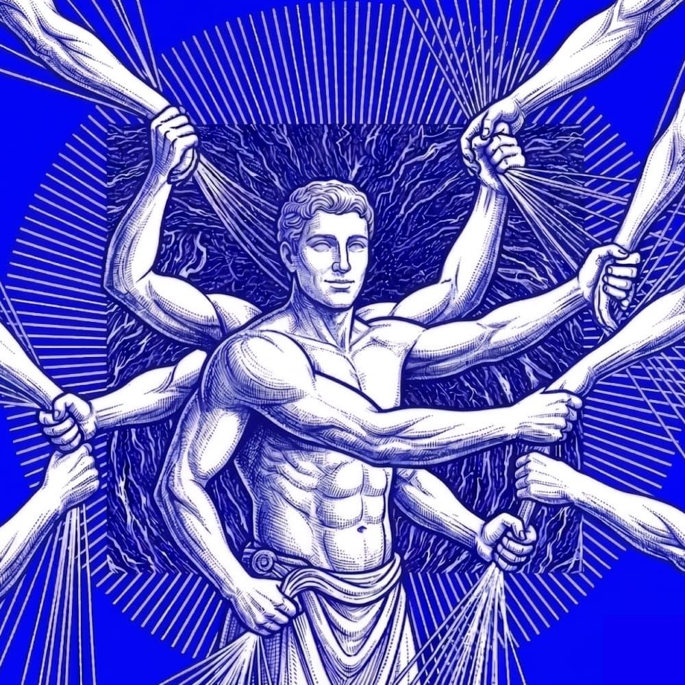Engraved many-armed Hermes figure